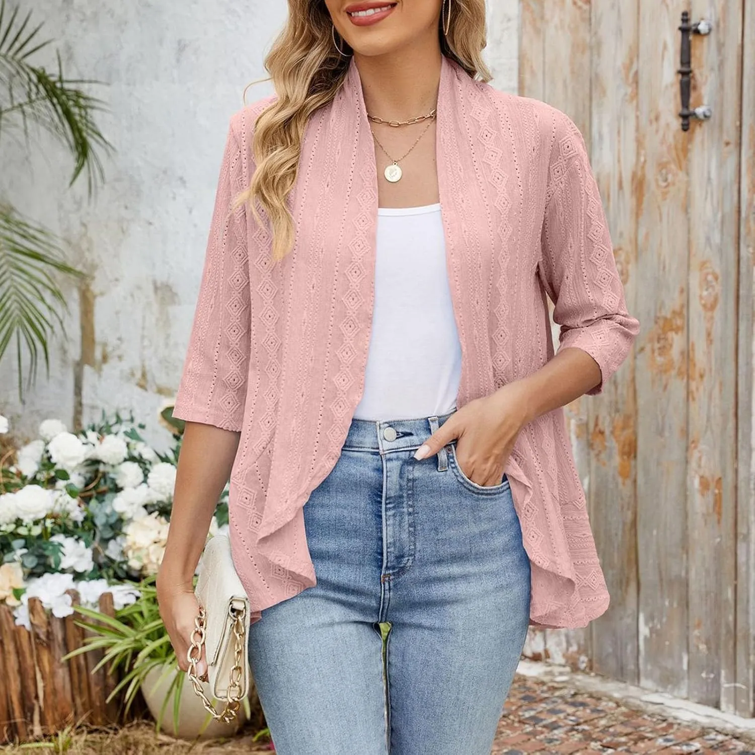 Eyelet Cardigan Summer For Women 3/4 Sleeves Open Front Lightweight Draped Ruffles Cover Up Beach Vacation Outfits