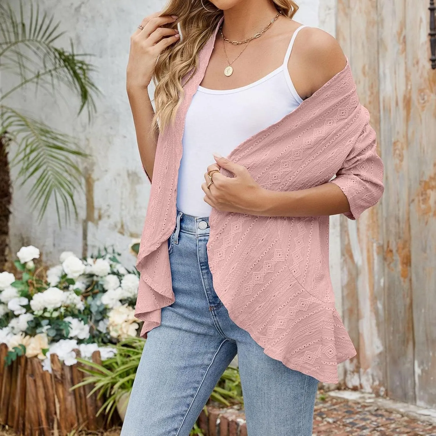 Eyelet Cardigan Summer For Women 3/4 Sleeves Open Front Lightweight Draped Ruffles Cover Up Beach Vacation Outfits