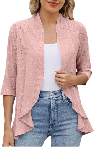 Eyelet Cardigan Summer For Women 3/4 Sleeves Open Front Lightweight Draped Ruffles Cover Up Beach Vacation Outfits