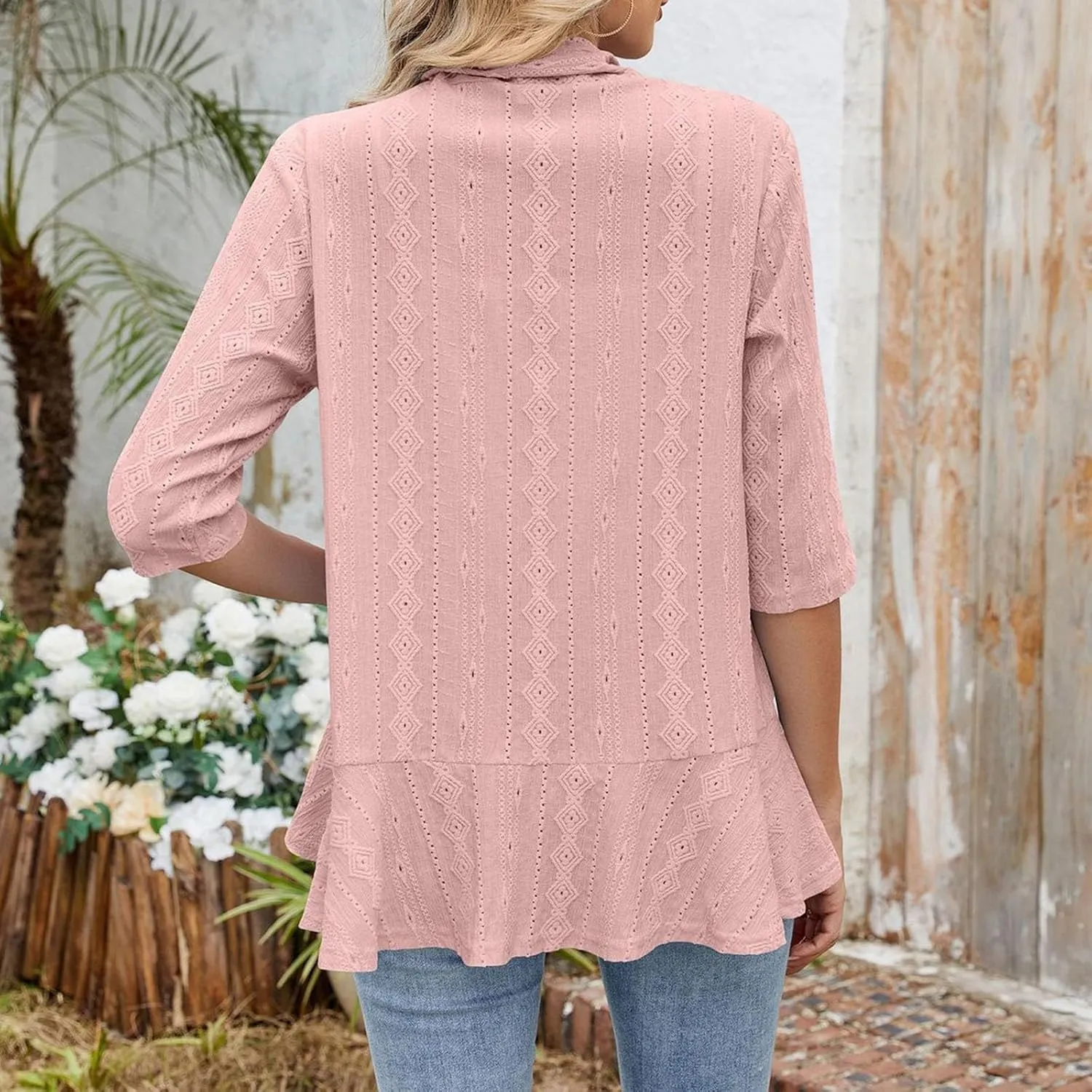 Eyelet Cardigan Summer For Women 3/4 Sleeves Open Front Lightweight Draped Ruffles Cover Up Beach Vacation Outfits