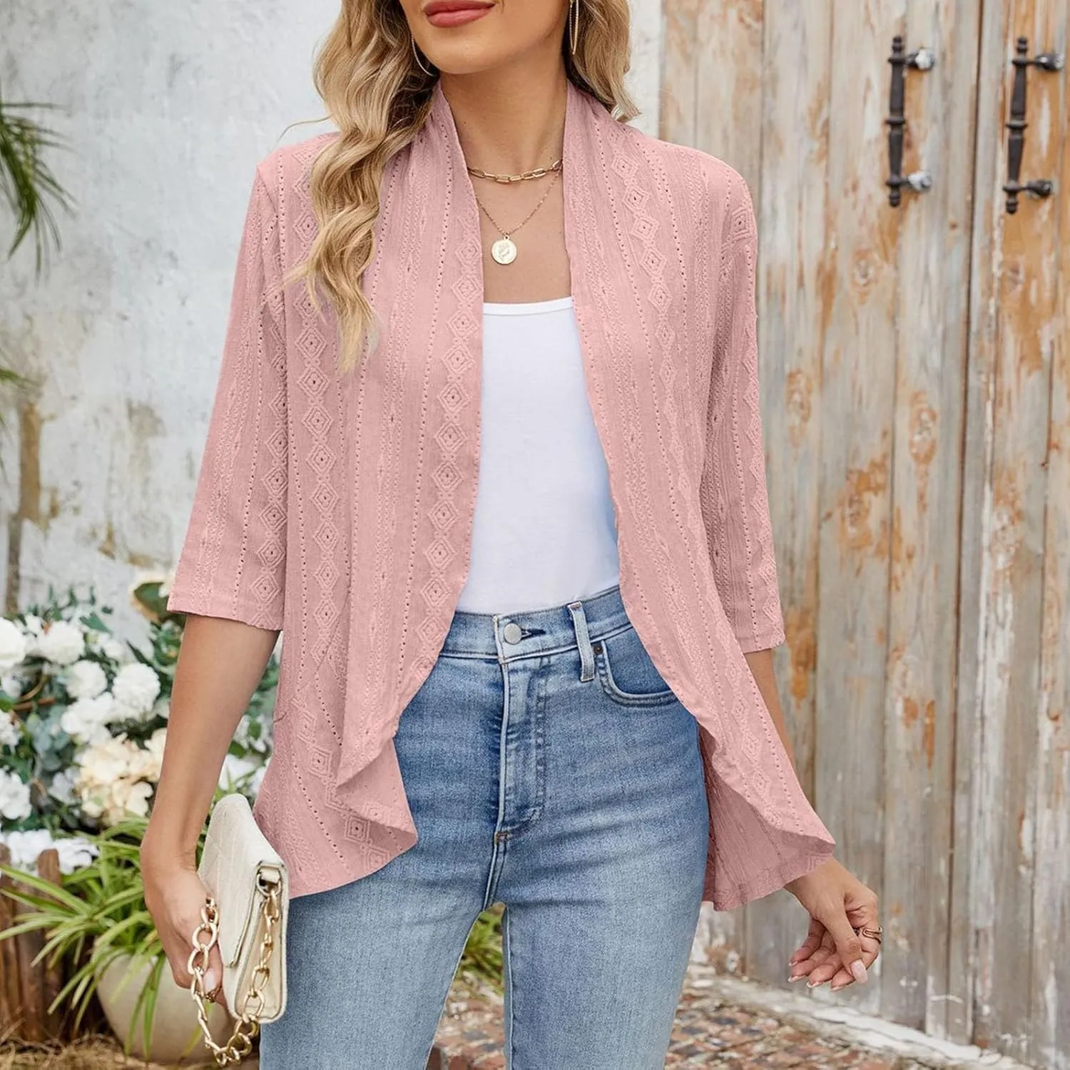 Eyelet Cardigan Summer For Women 3/4 Sleeves Open Front Lightweight Draped Ruffles Cover Up Beach Vacation Outfits