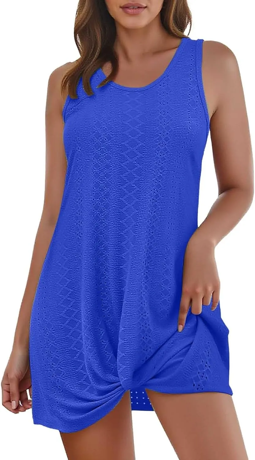 Eyelet Sundresses for Women Sexy Crew Neck Sleeveless Beach Dress Classy Summer Hawaiian Travel Outfits for Women