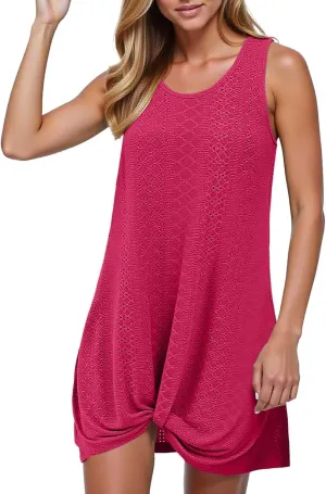 Eyelet Sundresses for Women Sexy Crew Neck Sleeveless Beach Dress Classy Summer Hawaiian Travel Outfits for Women