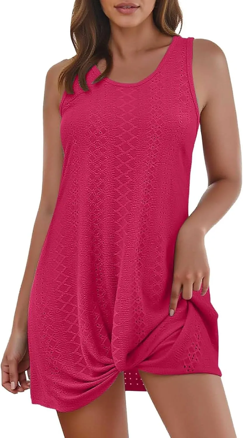 Eyelet Sundresses for Women Sexy Crew Neck Sleeveless Beach Dress Classy Summer Hawaiian Travel Outfits for Women