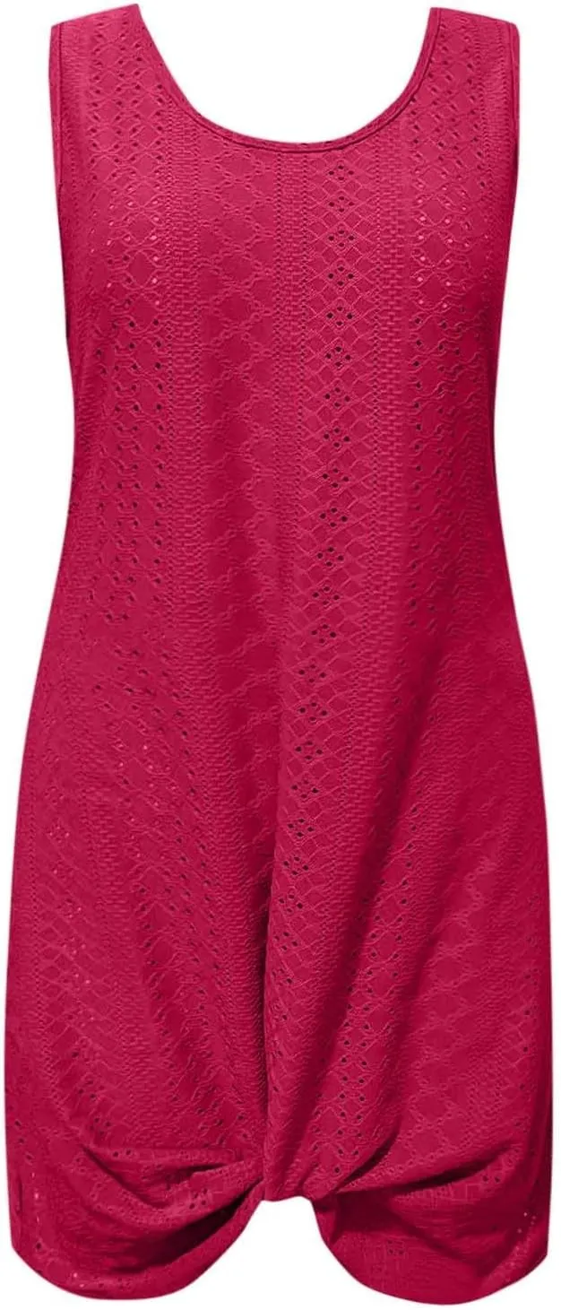 Eyelet Sundresses for Women Sexy Crew Neck Sleeveless Beach Dress Classy Summer Hawaiian Travel Outfits for Women