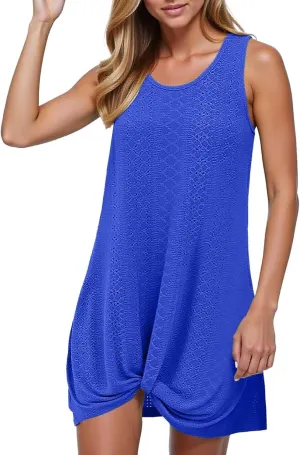 Eyelet Sundresses for Women Sexy Crew Neck Sleeveless Beach Dress Classy Summer Hawaiian Travel Outfits for Women