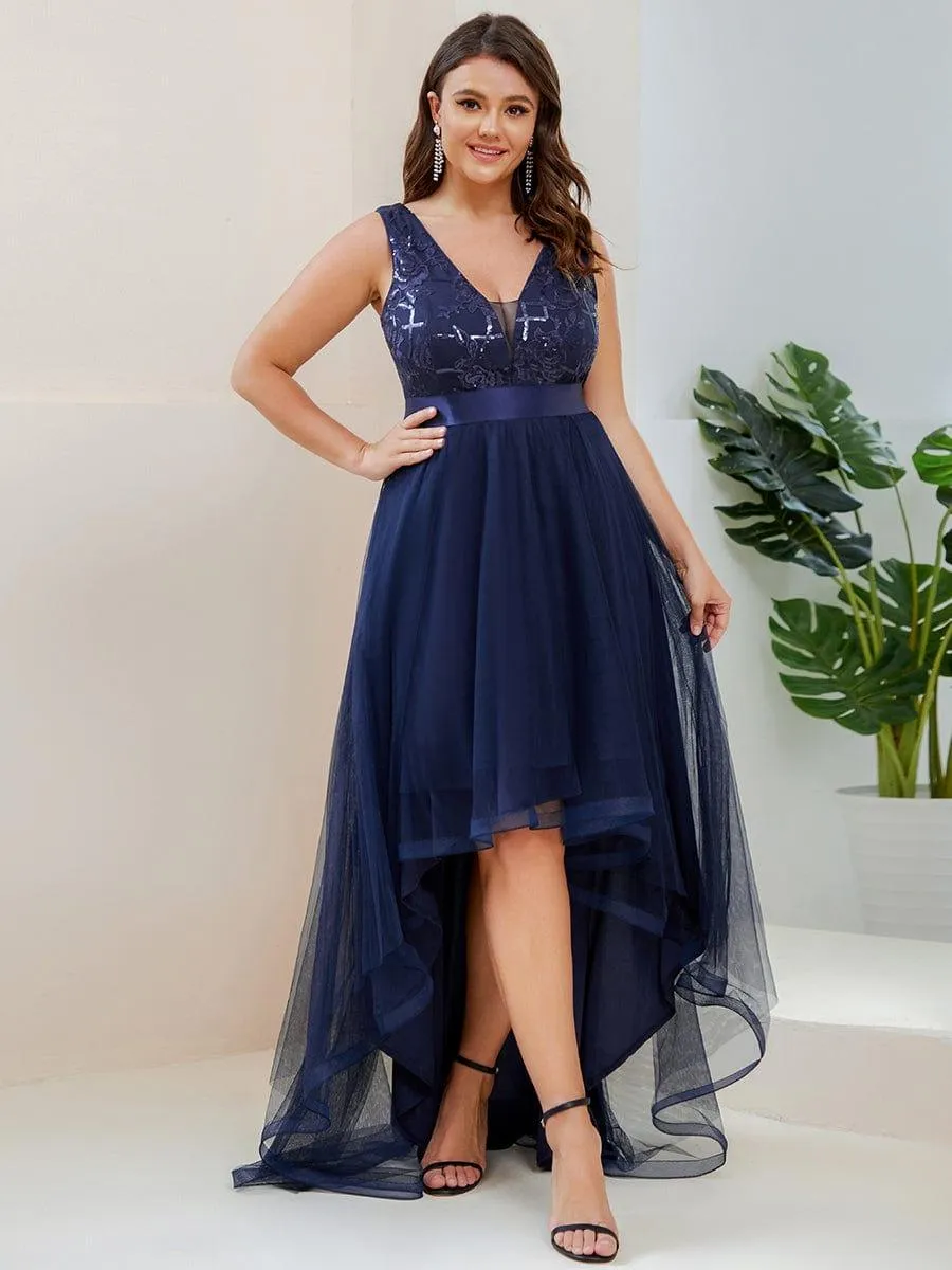 Fashion High-Low Deep V Neck Tulle Evening Dresses with Sequin Appliques