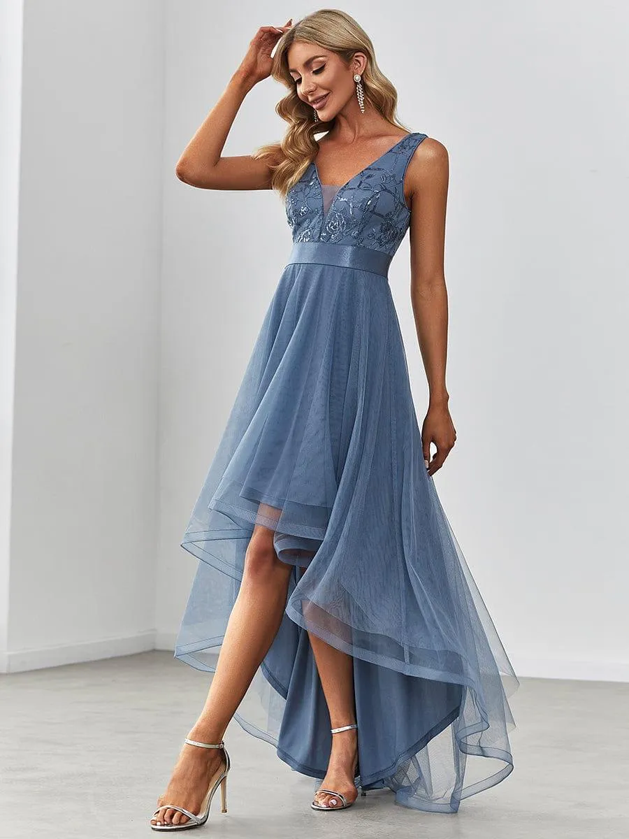 Fashion High-Low Deep V Neck Tulle Evening Dresses with Sequin Appliques