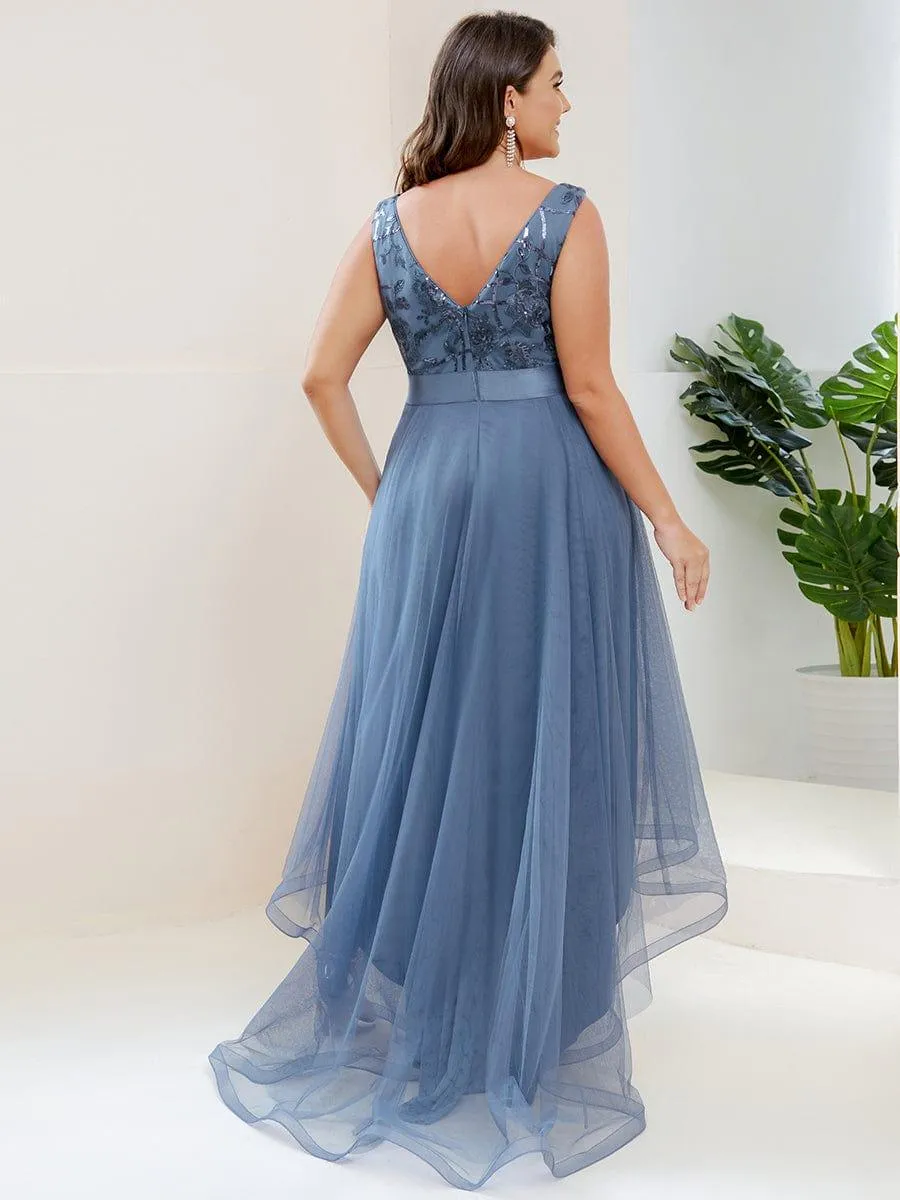 Fashion High-Low Deep V Neck Tulle Evening Dresses with Sequin Appliques