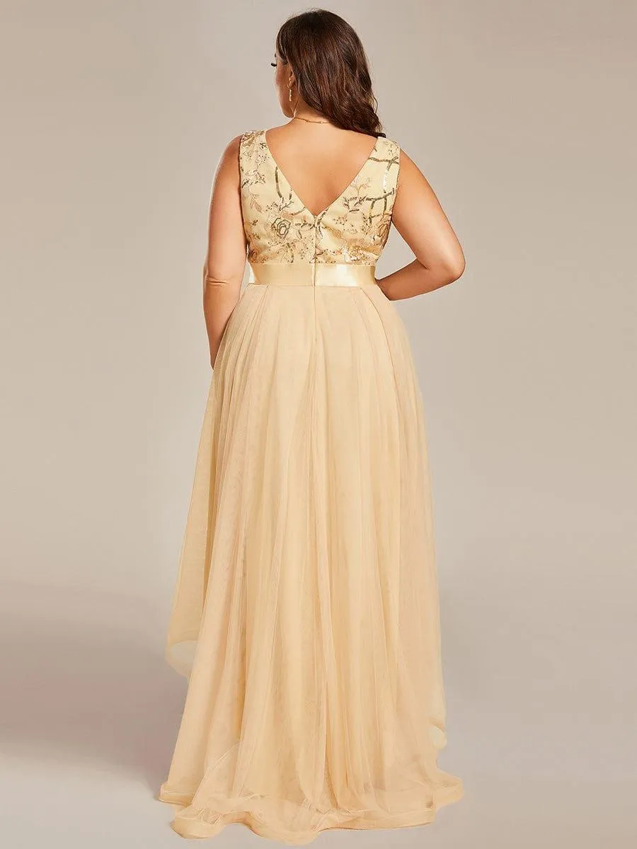 Fashion High-Low Deep V Neck Tulle Evening Dresses with Sequin Appliques
