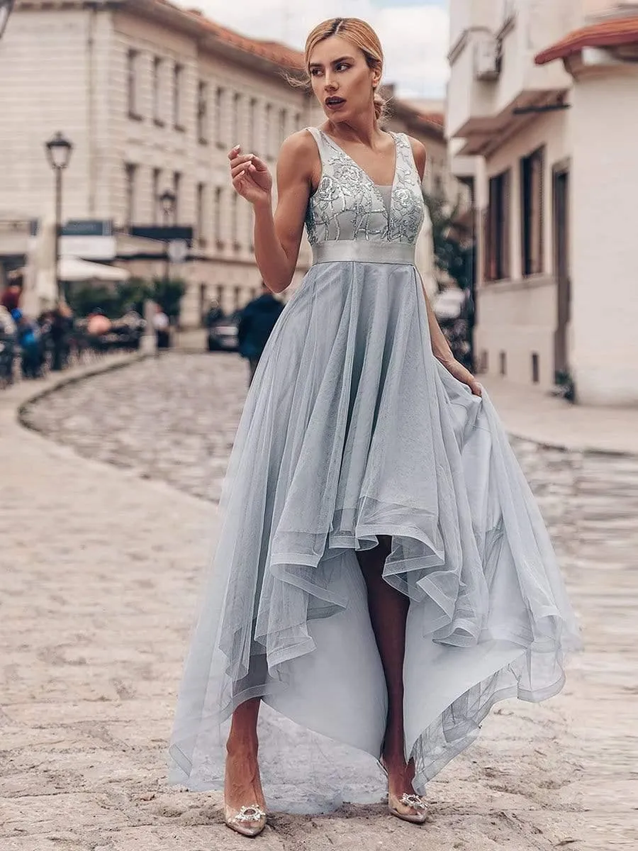 Fashion High-Low Deep V Neck Tulle Evening Dresses with Sequin Appliques