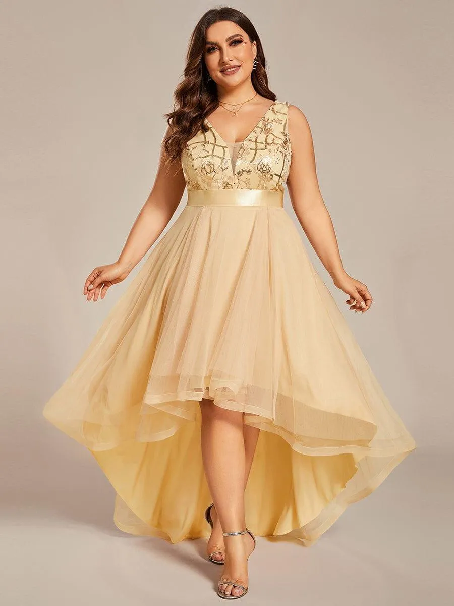 Fashion High-Low Deep V Neck Tulle Evening Dresses with Sequin Appliques