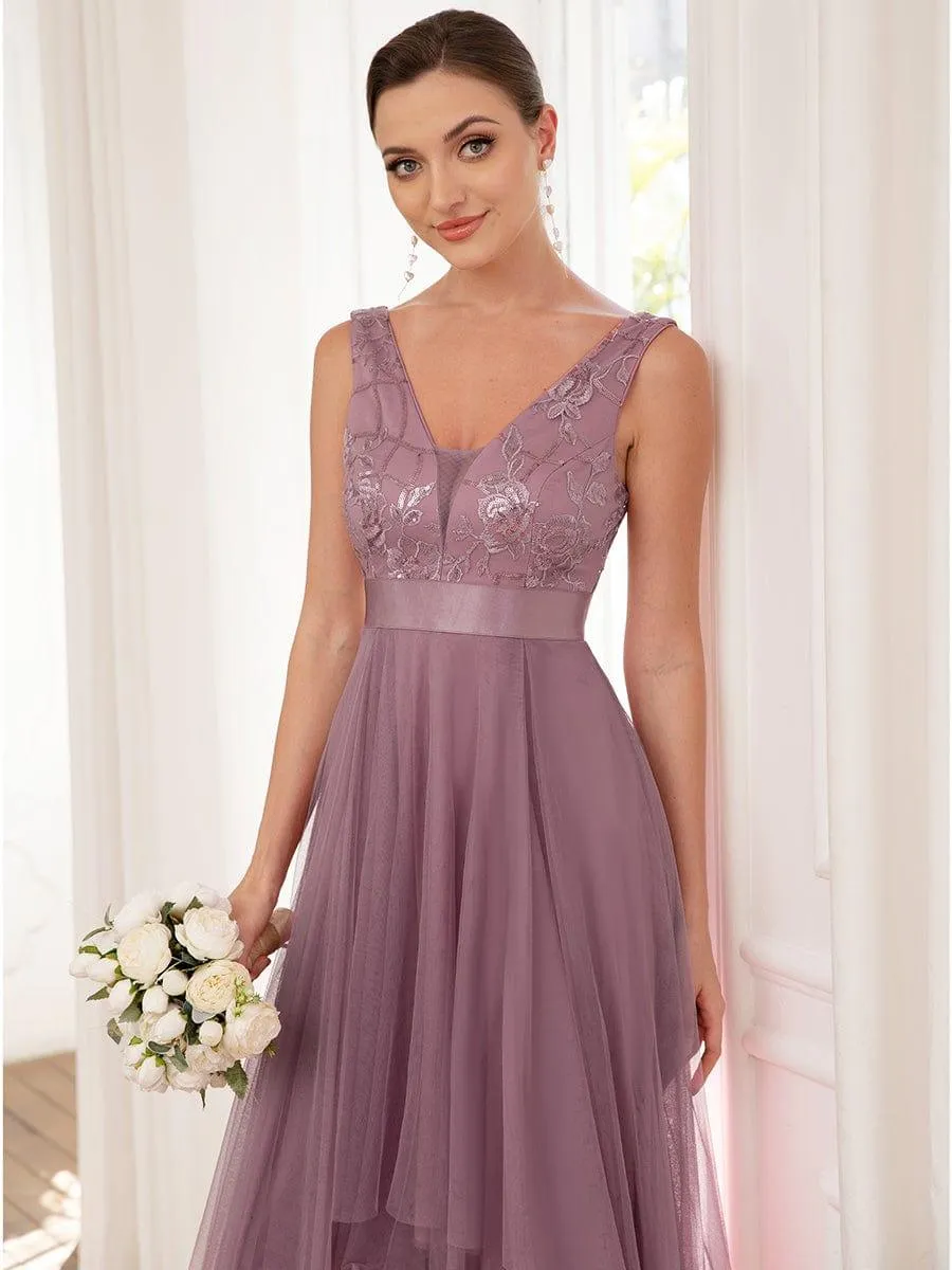 Fashion High-Low Deep V Neck Tulle Evening Dresses with Sequin Appliques