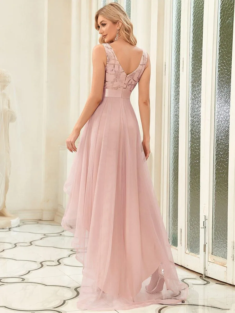 Fashion High-Low Deep V Neck Tulle Evening Dresses with Sequin Appliques
