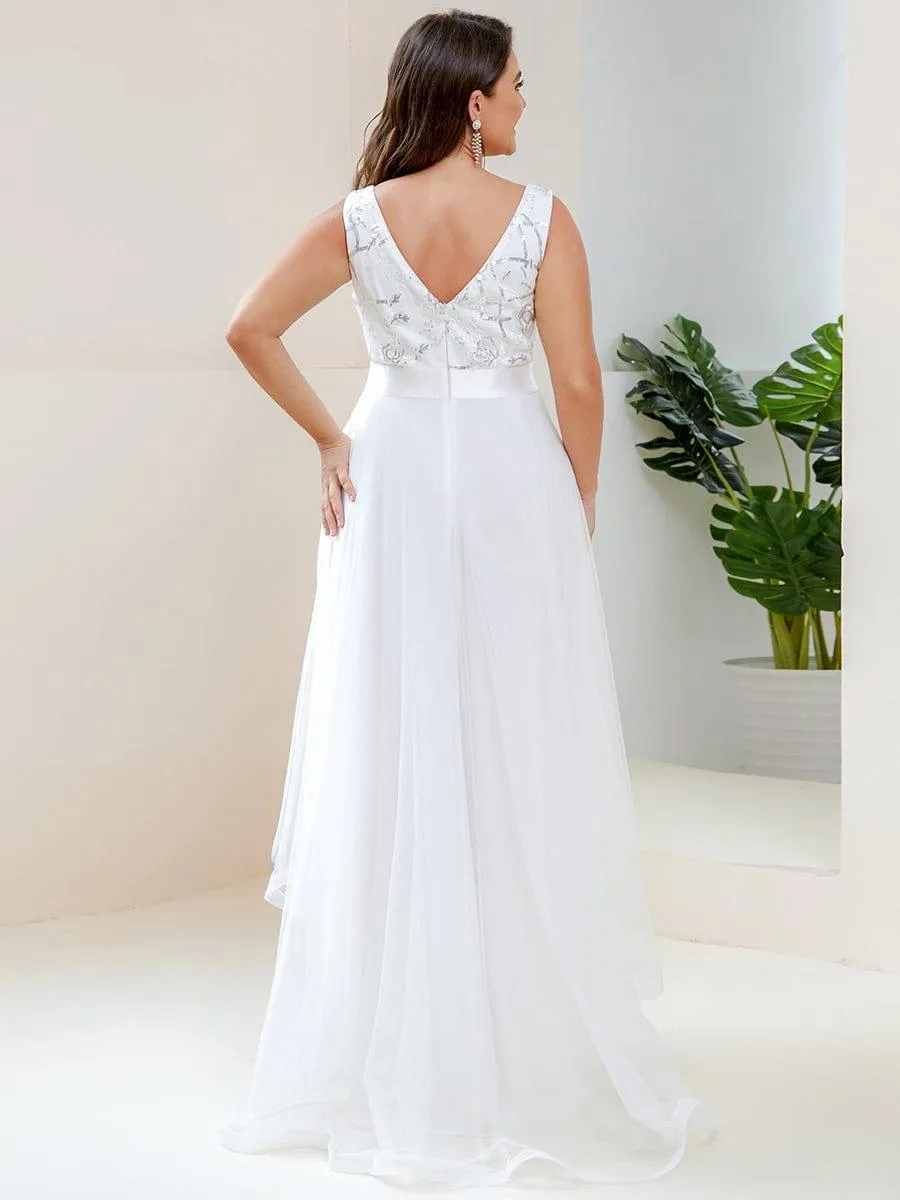 Fashion High-Low Deep V Neck Tulle Evening Dresses with Sequin Appliques