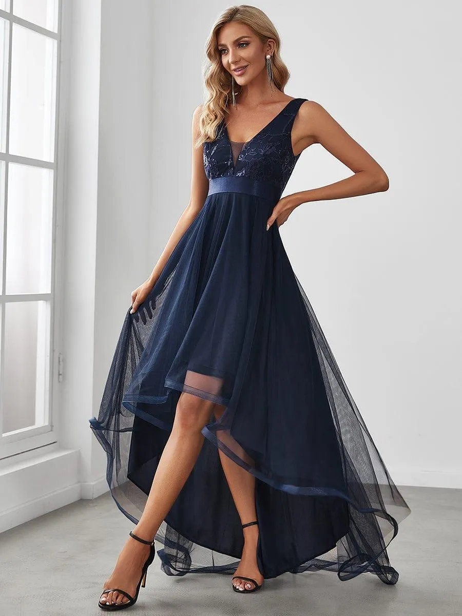Fashion High-Low Deep V Neck Tulle Evening Dresses with Sequin Appliques