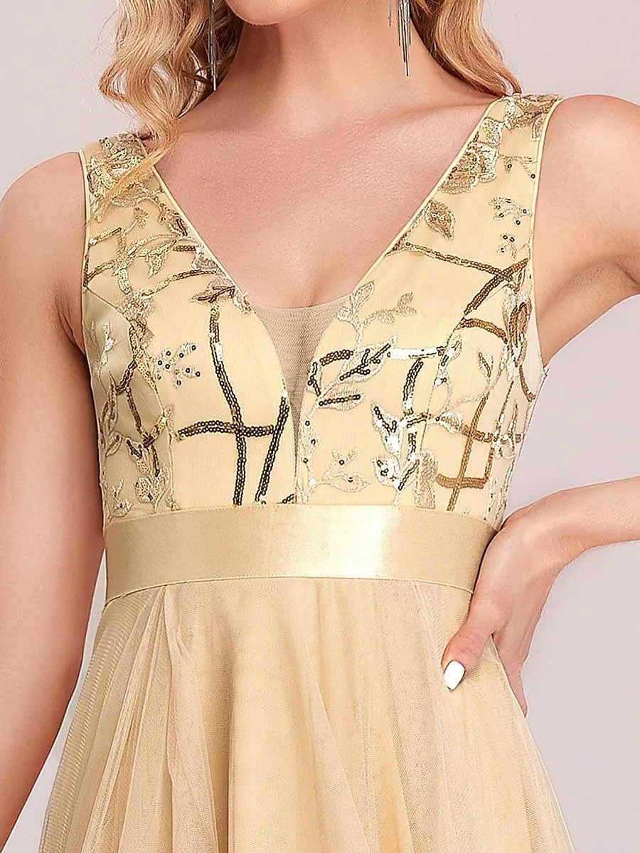 Fashion High-Low Deep V Neck Tulle Evening Dresses with Sequin Appliques