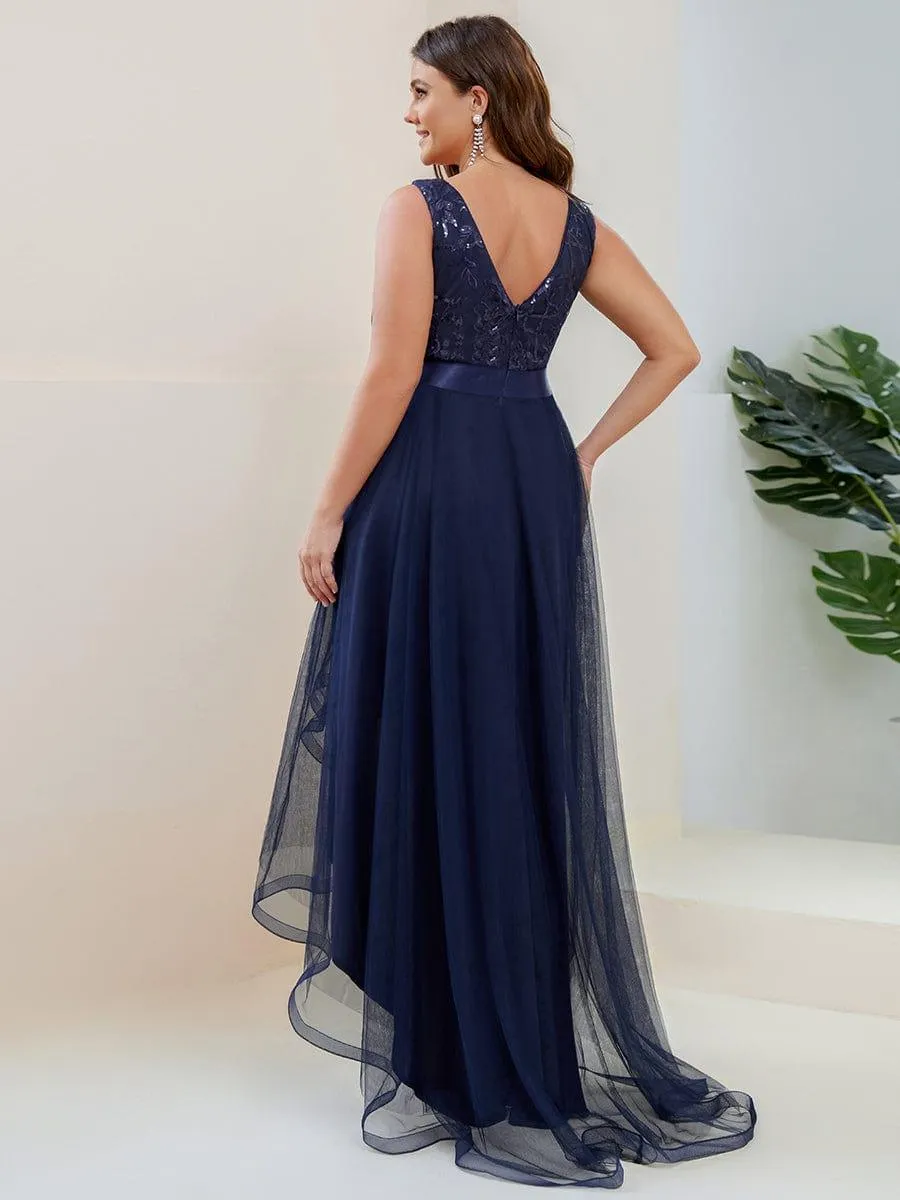 Fashion High-Low Deep V Neck Tulle Evening Dresses with Sequin Appliques