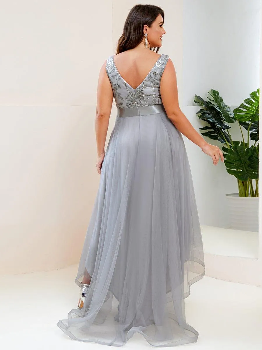 Fashion High-Low Deep V Neck Tulle Evening Dresses with Sequin Appliques