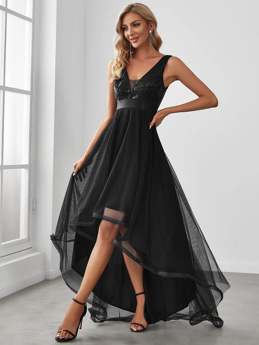 Fashion High-Low Deep V Neck Tulle Evening Dresses with Sequin Appliques
