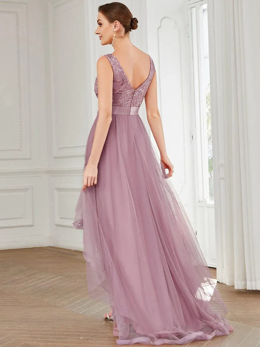 Fashion High-Low Deep V Neck Tulle Evening Dresses with Sequin Appliques