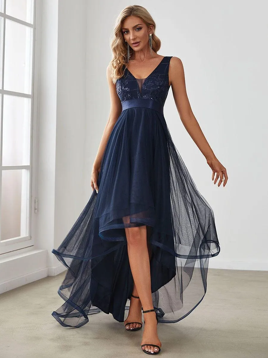 Fashion High-Low Deep V Neck Tulle Evening Dresses with Sequin Appliques
