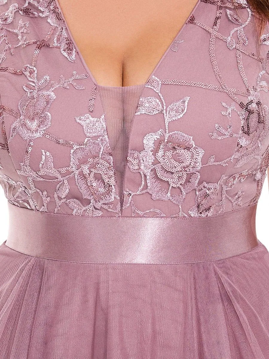 Fashion High-Low Deep V Neck Tulle Evening Dresses with Sequin Appliques