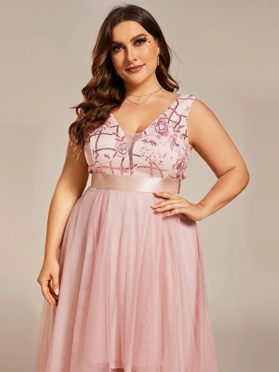 Fashion High-Low Deep V Neck Tulle Evening Dresses with Sequin Appliques