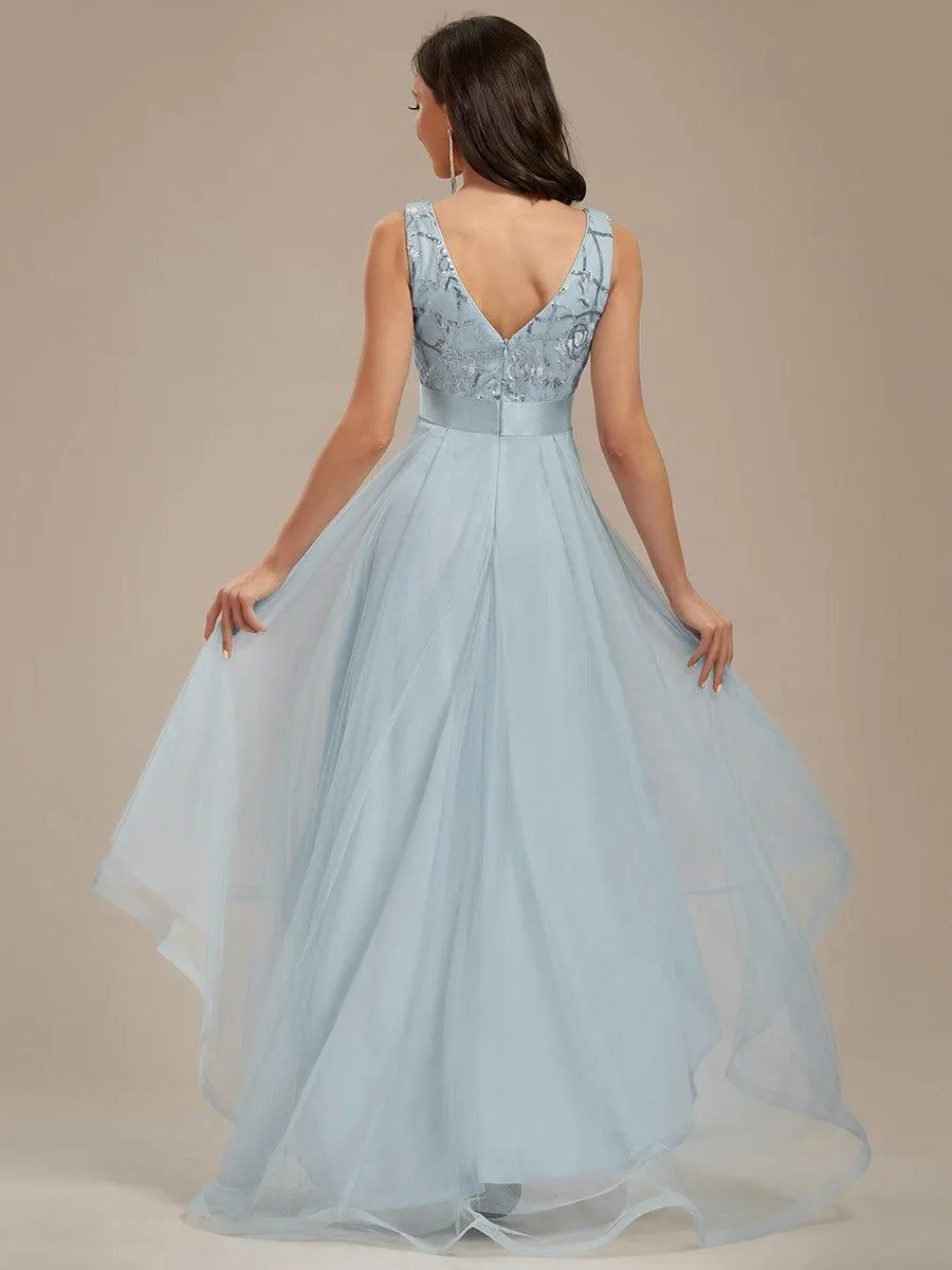 Fashion High-Low Deep V Neck Tulle Evening Dresses with Sequin Appliques