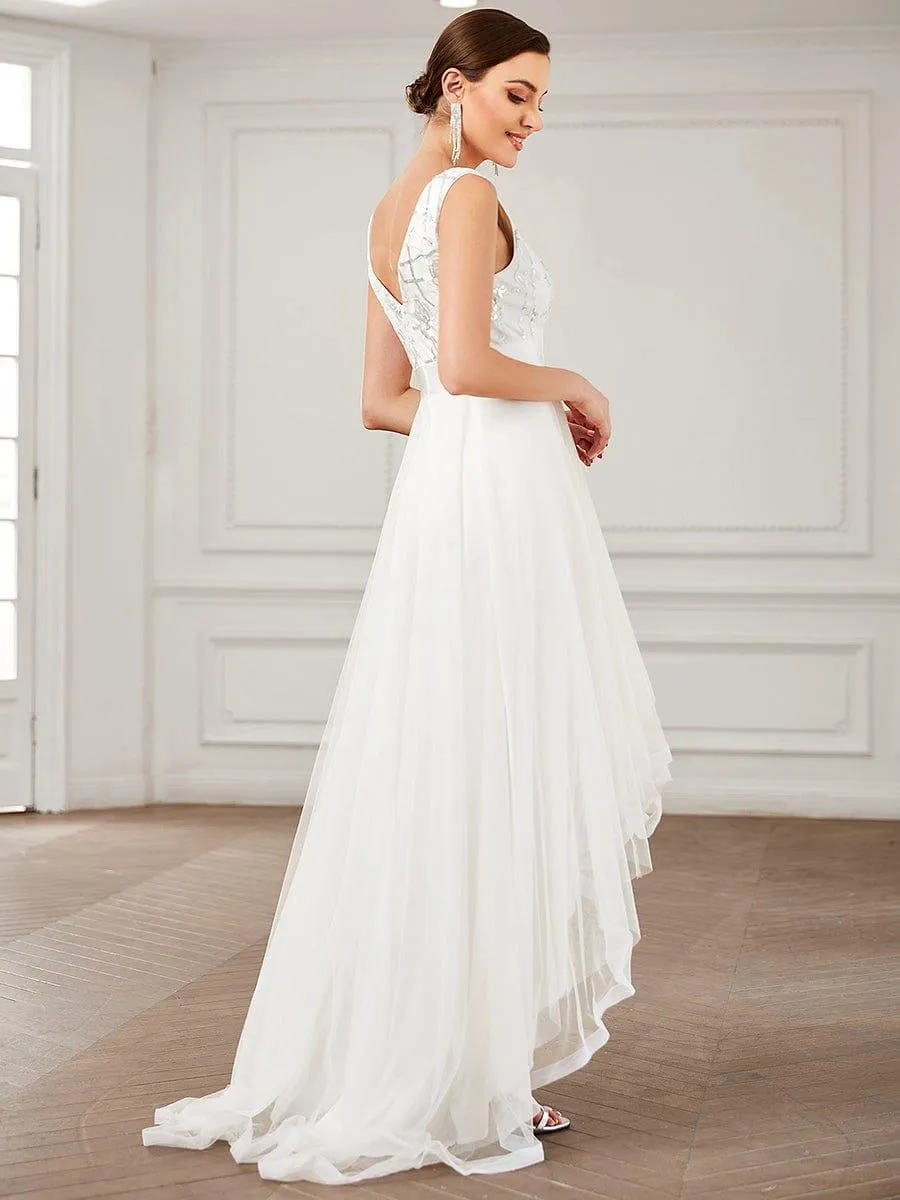 Fashion High-Low Deep V Neck Tulle Evening Dresses with Sequin Appliques