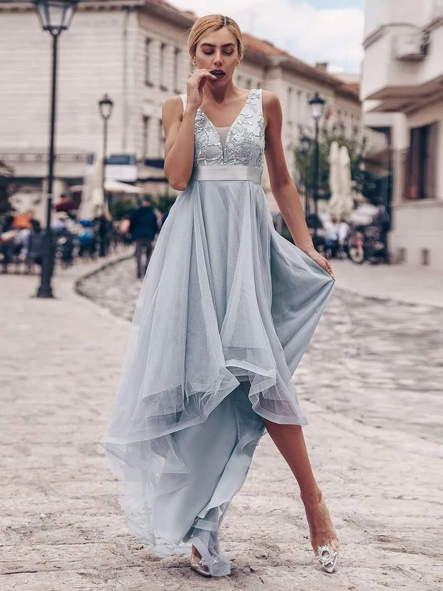 Fashion High-Low Deep V Neck Tulle Evening Dresses with Sequin Appliques