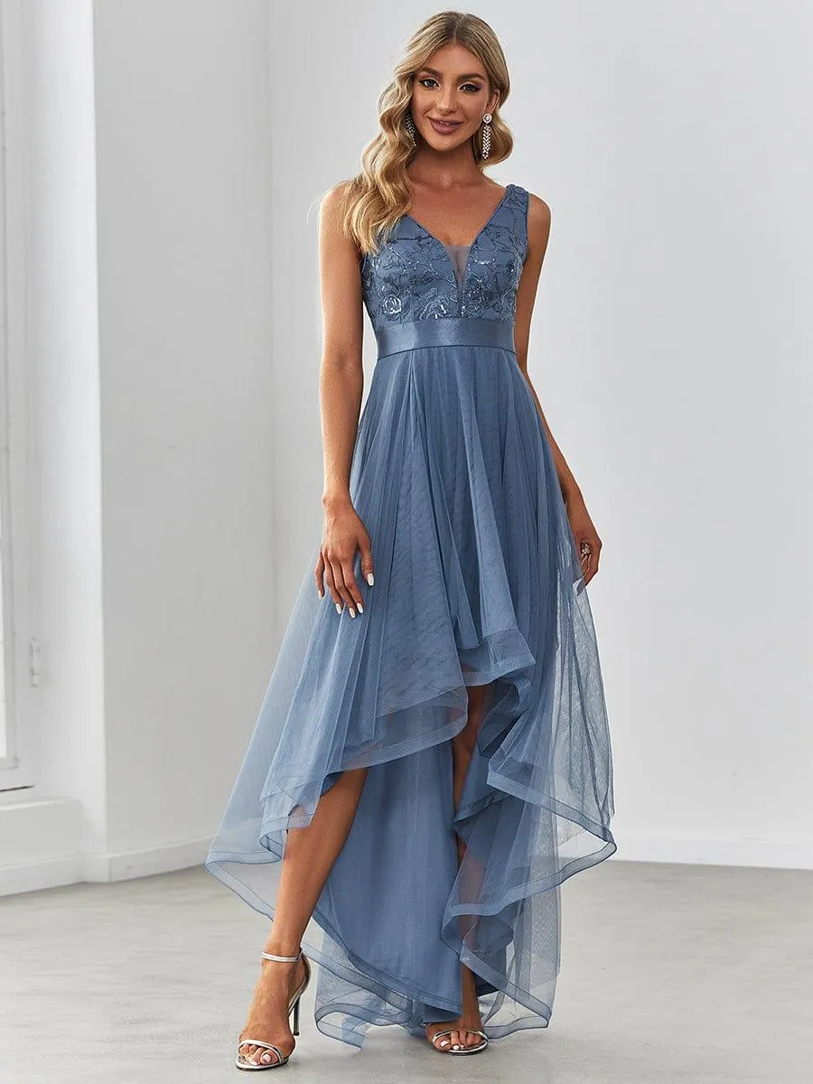 Fashion High-Low Deep V Neck Tulle Evening Dresses with Sequin Appliques