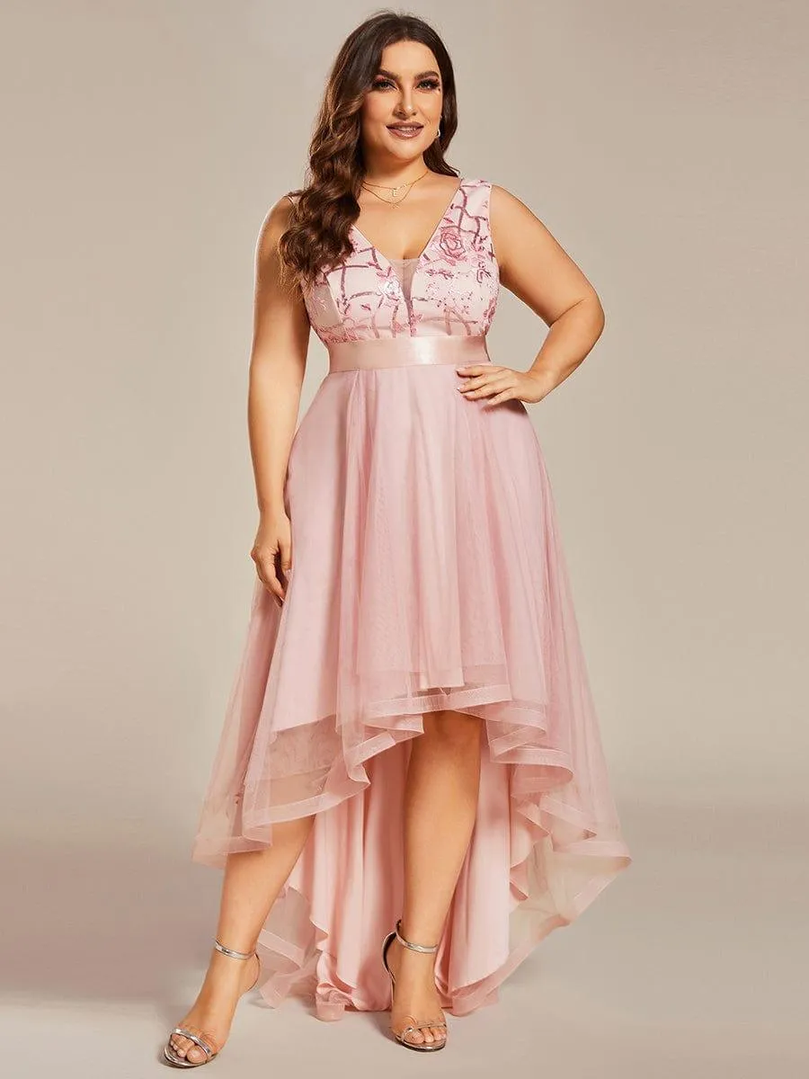 Fashion High-Low Deep V Neck Tulle Evening Dresses with Sequin Appliques