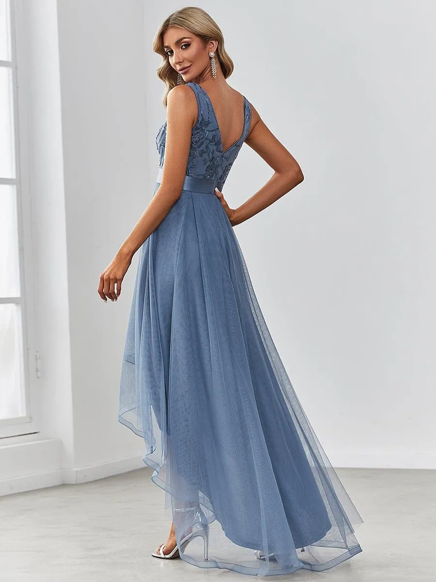 Fashion High-Low Deep V Neck Tulle Evening Dresses with Sequin Appliques