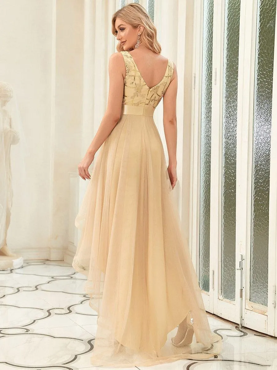 Fashion High-Low Deep V Neck Tulle Evening Dresses with Sequin Appliques