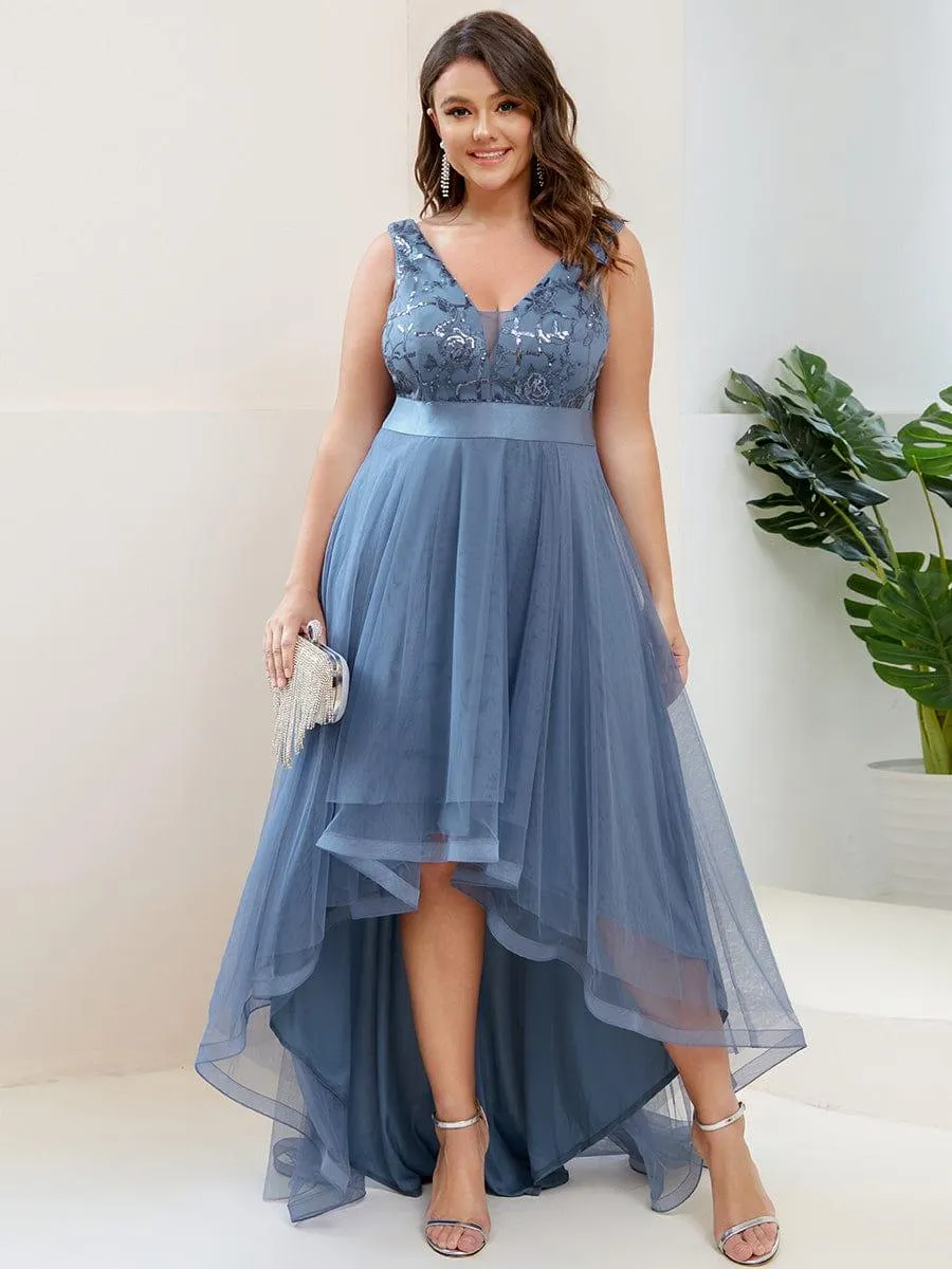 Fashion High-Low Deep V Neck Tulle Evening Dresses with Sequin Appliques