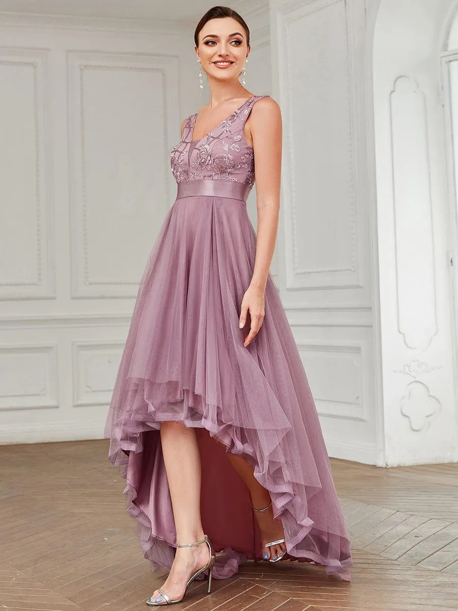 Fashion High-Low Deep V Neck Tulle Evening Dresses with Sequin Appliques