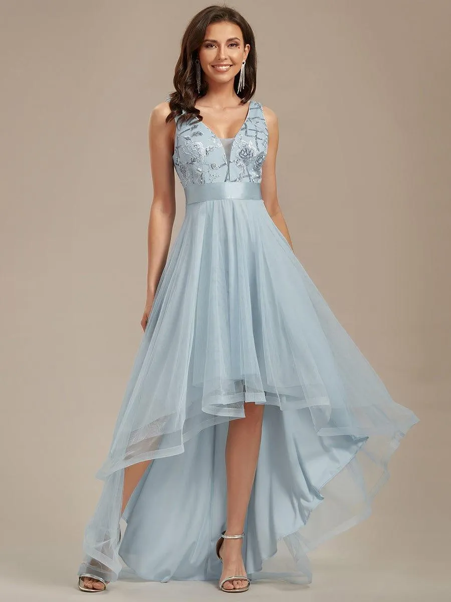 Fashion High-Low Deep V Neck Tulle Evening Dresses with Sequin Appliques