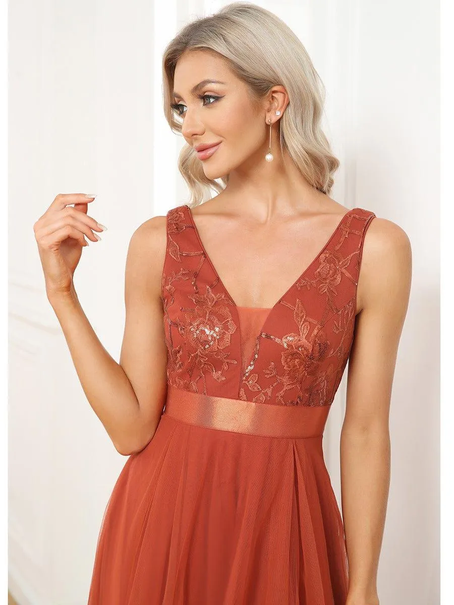 Fashion High-Low Deep V Neck Tulle Evening Dresses with Sequin Appliques
