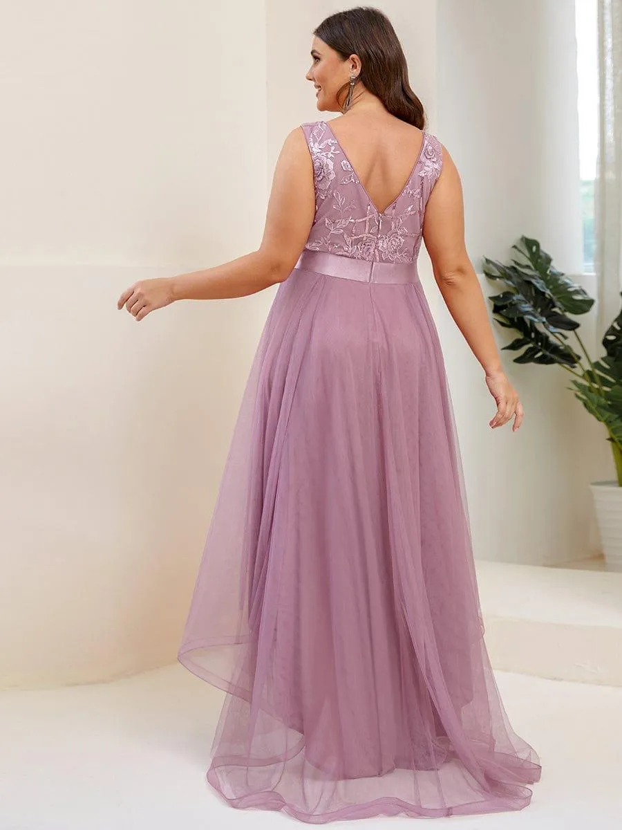 Fashion High-Low Deep V Neck Tulle Evening Dresses with Sequin Appliques