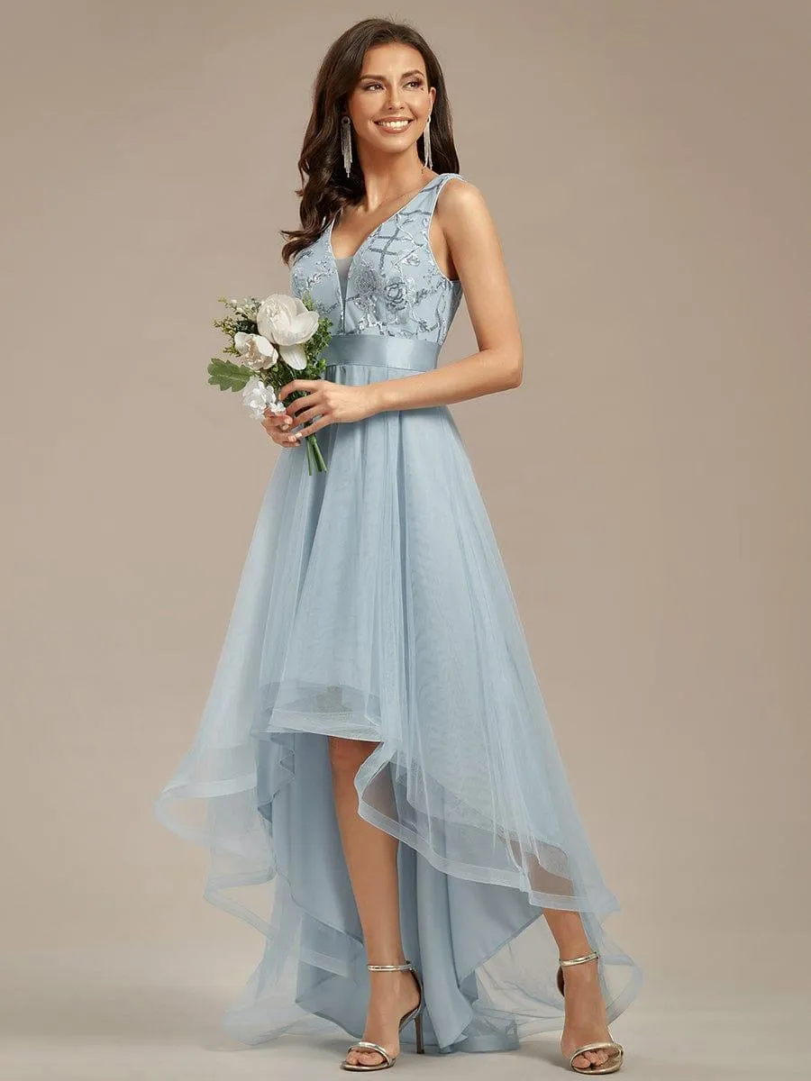 Fashion High-Low Deep V Neck Tulle Evening Dresses with Sequin Appliques