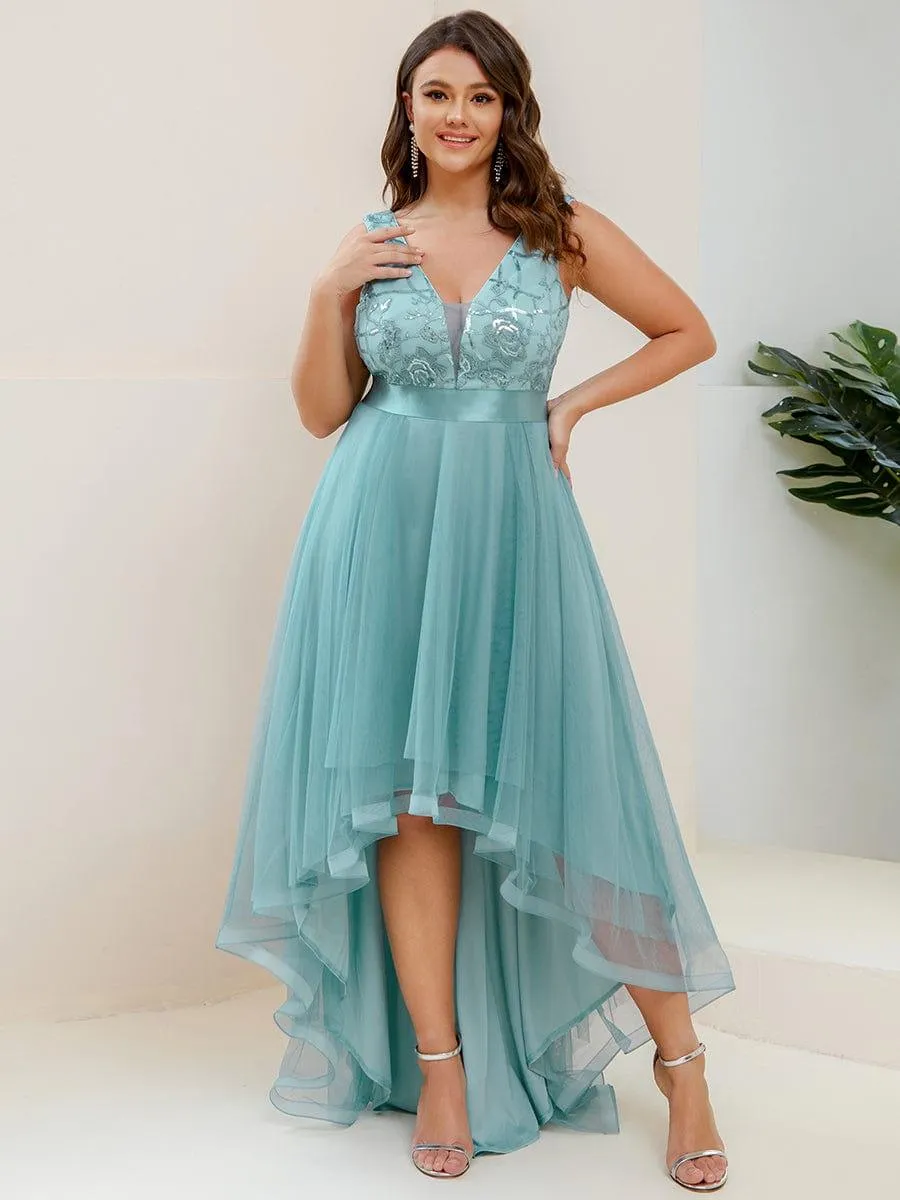 Fashion High-Low Deep V Neck Tulle Evening Dresses with Sequin Appliques