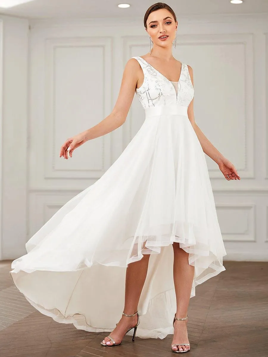 Fashion High-Low Deep V Neck Tulle Evening Dresses with Sequin Appliques