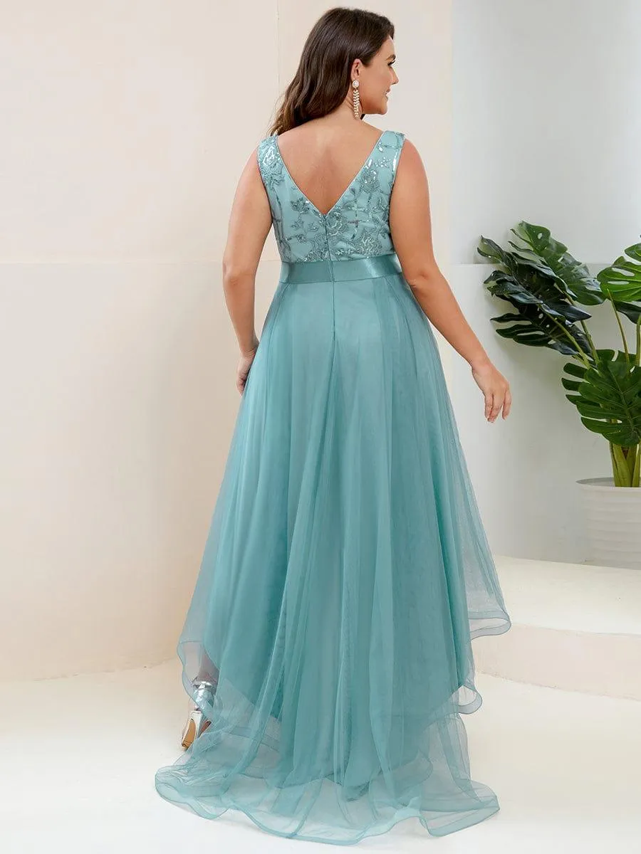 Fashion High-Low Deep V Neck Tulle Evening Dresses with Sequin Appliques