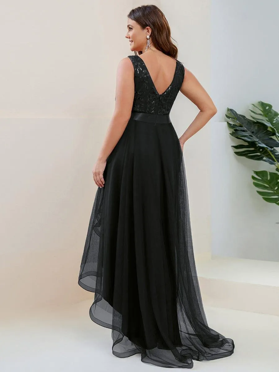 Fashion High-Low Deep V Neck Tulle Evening Dresses with Sequin Appliques