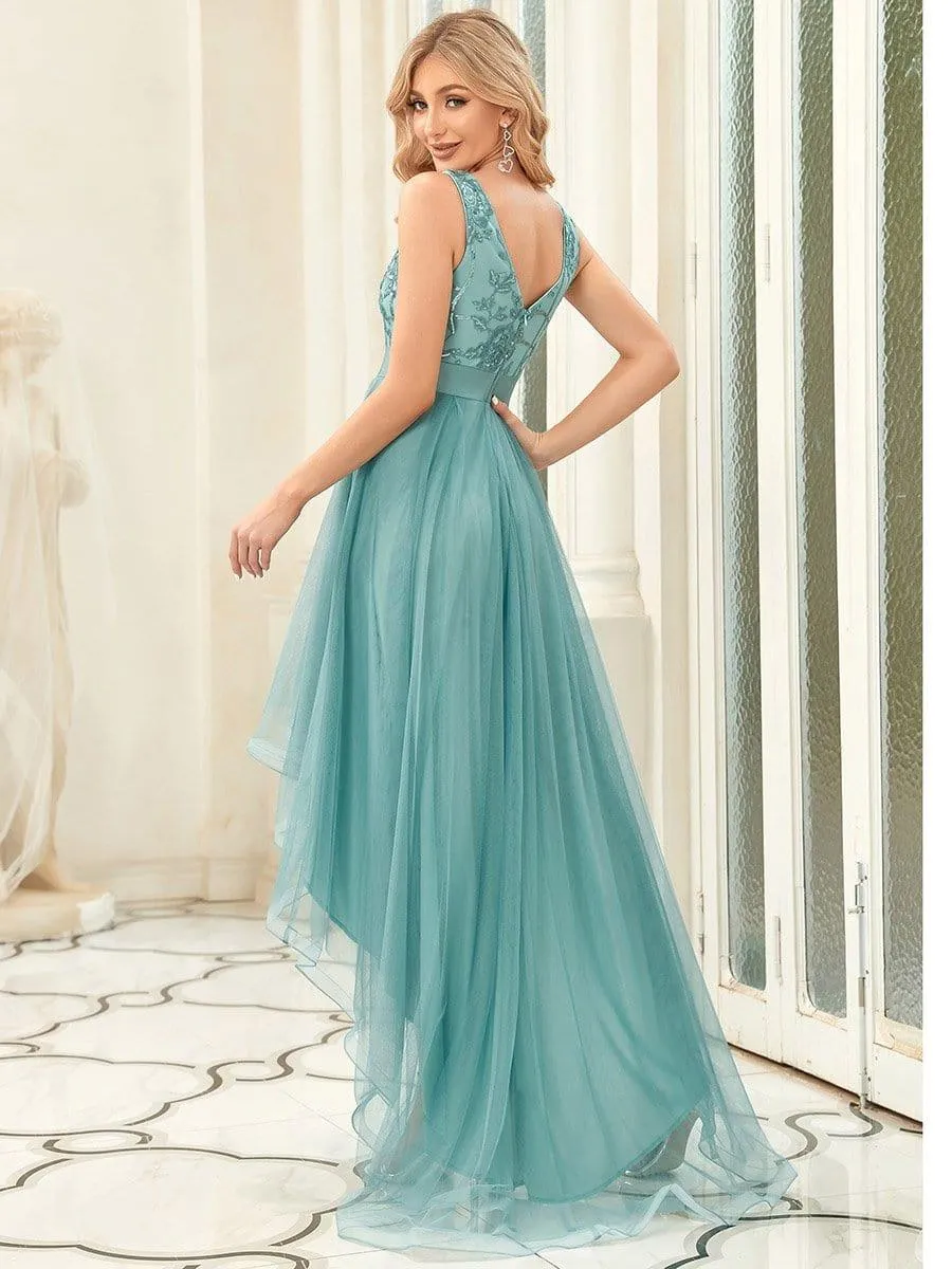 Fashion High-Low Deep V Neck Tulle Evening Dresses with Sequin Appliques