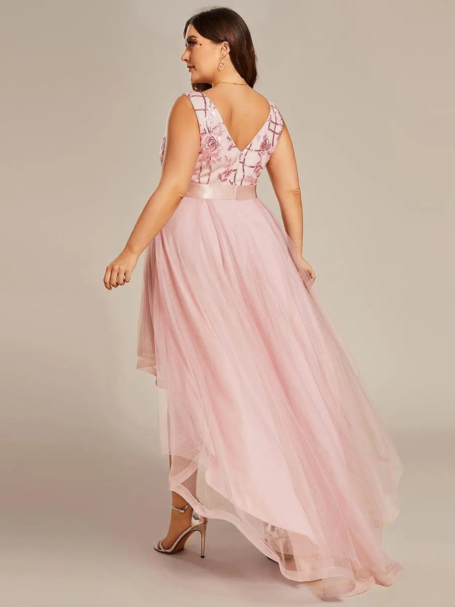 Fashion High-Low Deep V Neck Tulle Evening Dresses with Sequin Appliques