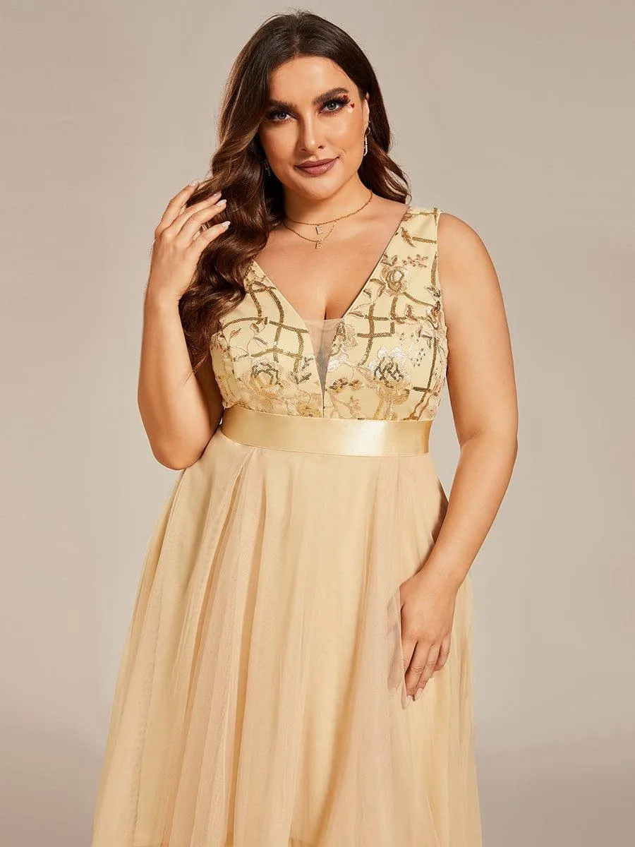 Fashion High-Low Deep V Neck Tulle Evening Dresses with Sequin Appliques