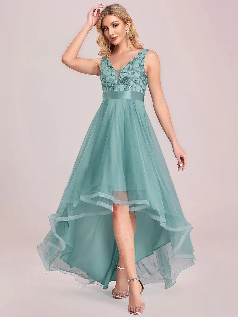 Fashion High-Low Deep V Neck Tulle Evening Dresses with Sequin Appliques