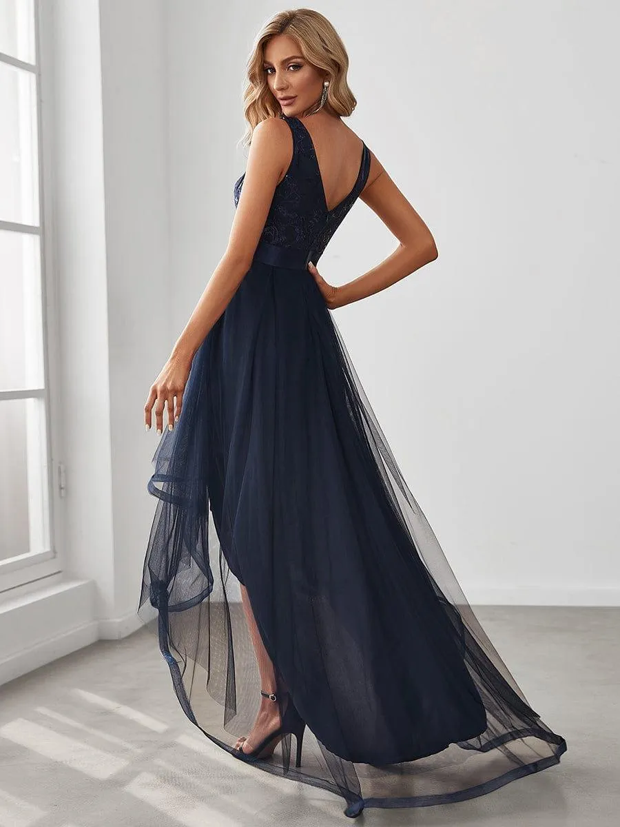 Fashion High-Low Deep V Neck Tulle Evening Dresses with Sequin Appliques